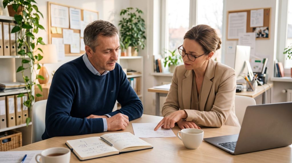 Un salarié de 45 ans fait le point avec une conseillère en évolution professionnelle