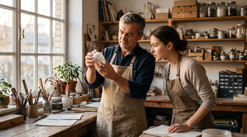 Un artisan expérimenté transmet à une apprentie l'art de juger une pièce à la lumière