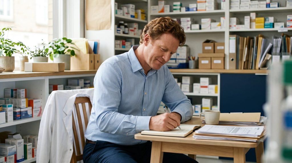 Un pharmacien écrit une phrase dans un carnet, à une table de son arrière-boutique.