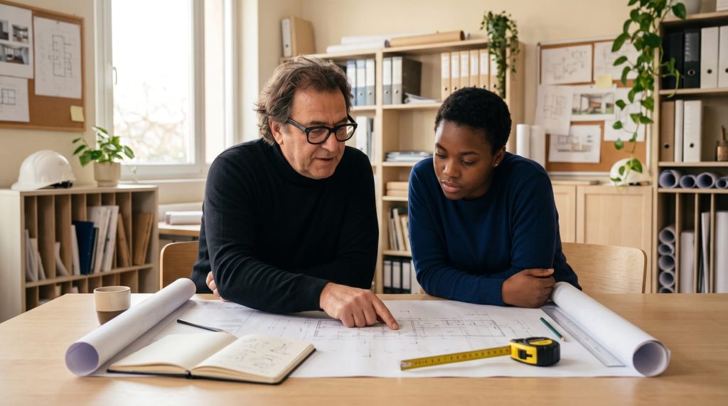 Un homme expérimenté apprend à une jeune stagiaire à lire un plan, dans un bureau d'études.