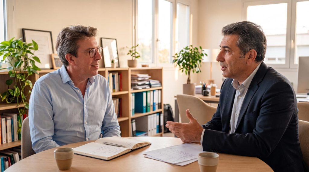 Un coach écoute un dirigeant lors d'un échange en tête-à-tête dans un bureau calme